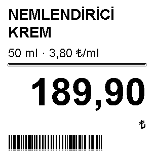 Kozmetik fiyat şablonuyla örnek etiket: Ürün adı, hacim, birim fiyat ve barkod; kozmetik ve kişisel bakım ürünleri için.