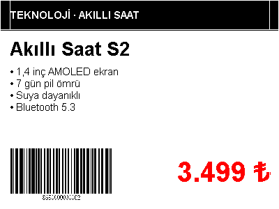 Ürün kartı şablonuyla örnek etiket: Kategori başlığı, özellik listesi, fiyat ve barkod.