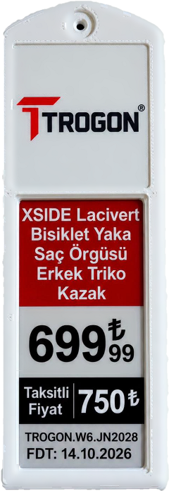 TROGON 2.13 inç dikey elektronik raf etiketi: kırmızı bantta ürün adı, fiyat, taksitli fiyat, ürün kodu ve fiyat değişiklik tarihi